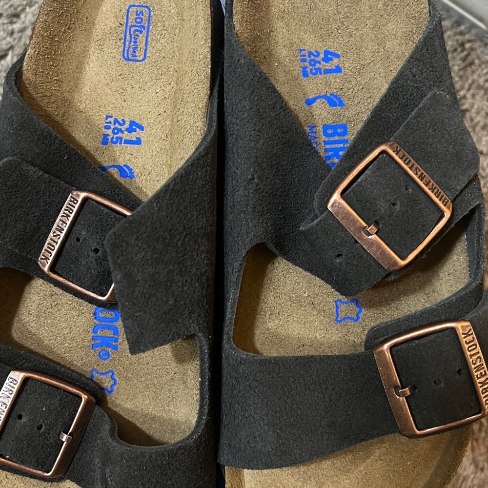 Birkenstock Women’s Black Suede Sandals with Copper Buckles